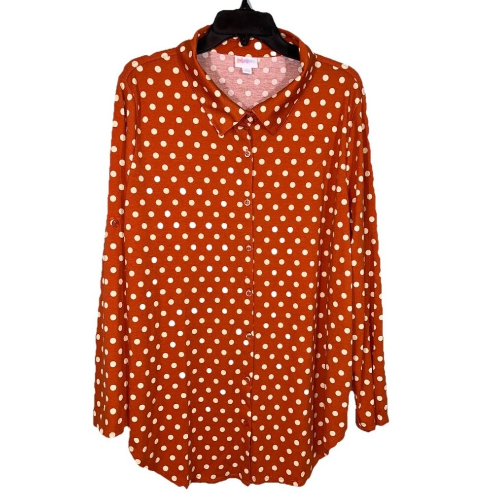 Lularoe Valentina Button Up Shirt Rusty Orange Cream Dots Collar Long Sleeves XL
